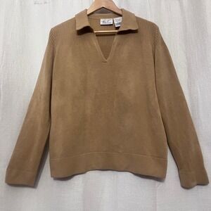 Kathie Lee Collection Womens Vintage  Tan Collared V Neck Knit Sweater XL 16/18‎